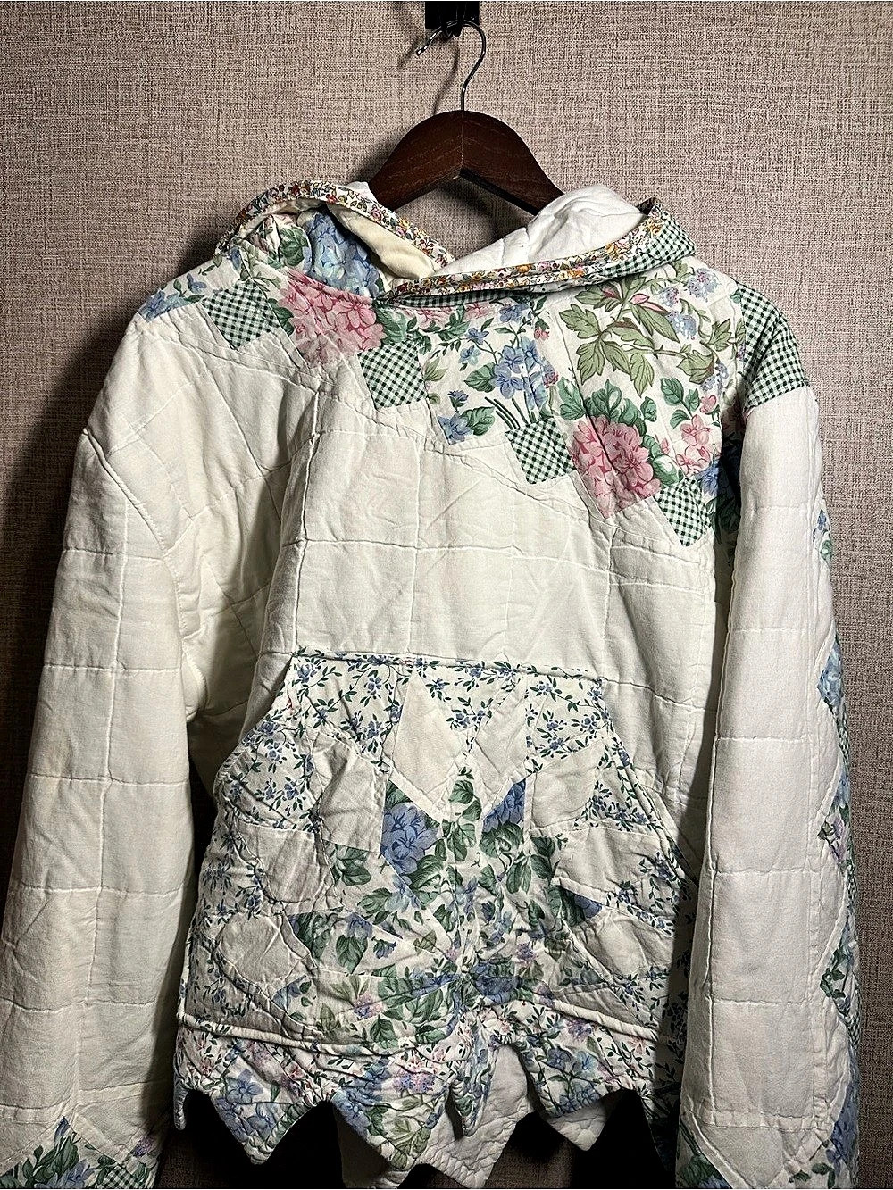 Handmade Floral Quilted Hooded Jacket in White & Green